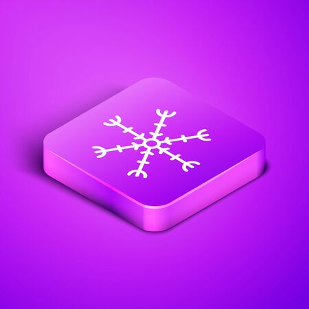 Isometric line Snowflake icon isolated on purple background. Purple square button. Vector Illustrationのイラスト素材