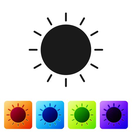 Black Sun icon isolated on white background. Summer symbol. Good sunny day. Set icons in color square buttons. Vector Illustrationのイラスト素材