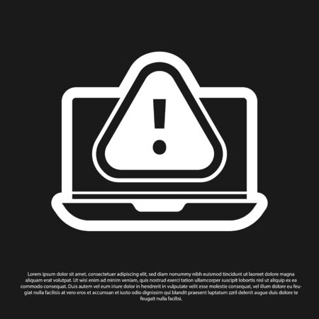 Black Laptop with exclamation mark icon isolated on black background. Alert message smartphone notification. Vector Illustrationのイラスト素材