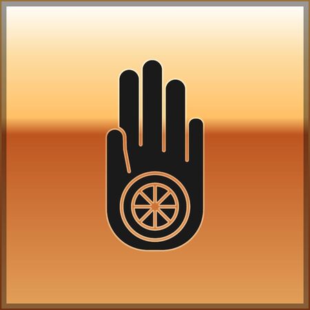 Black Symbol of Jainism or Jain Dharma icon isolated on gold background. Religious sign. Symbol of Ahimsa. Vector Illustrationのイラスト素材