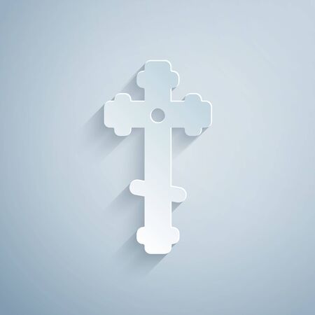 Paper cut Christian cross icon isolated on grey background. Church cross. Paper art style. Vector Illustrationのイラスト素材
