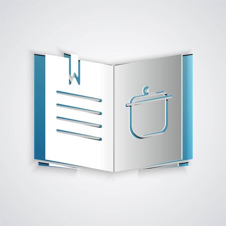 Paper cut Cookbook icon isolated on grey background. Cooking book icon. Recipe book. Fork and knife icons. Cutlery symbol. Paper art style. Vector Illustrationのイラスト素材