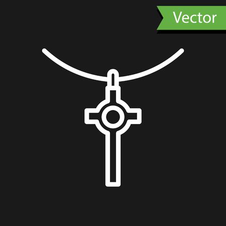 White line Christian cross on chain icon isolated on black background. Church cross.  Vector Illustrationのイラスト素材