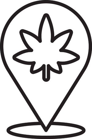 Black line Map pointer and marijuana or cannabis leaf icon isolated on white background. Hemp symbol.  Vector Illustrationのイラスト素材