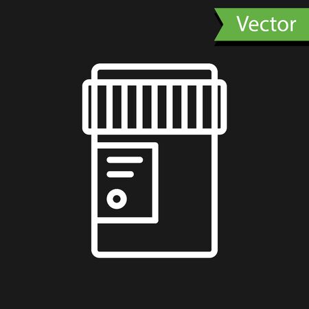 White line Medical bottle with marijuana or cannabis leaf icon isolated on black background. Mock up of cannabis oil extracts in jars. Vector Illustrationのイラスト素材