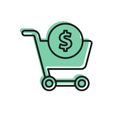 Black line Shopping cart and dollar symbol icon isolated on white background. Online buying concept. Delivery service. Supermarket basket. Vector Illustrationのイラスト素材