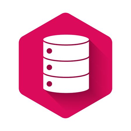 White Server, Data, Web Hosting icon isolated with long shadow. Pink hexagon button. Vector Illustrationのイラスト素材