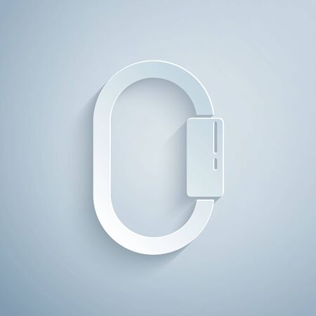 Paper cut Carabiner icon isolated on grey background. Extreme sport. Sport equipment. Paper art style. Vector Illustrationのイラスト素材
