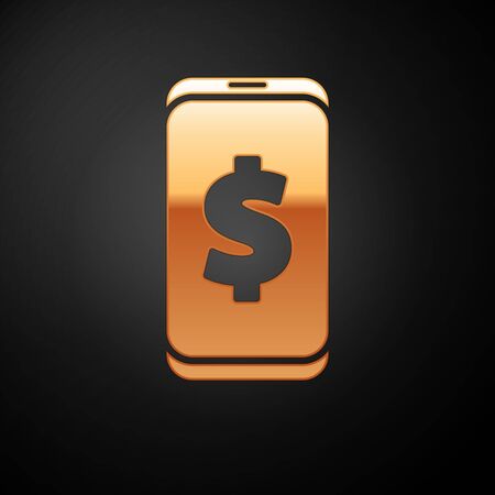 Gold Smartphone with dollar symbol icon isolated on black background. Online shopping concept. Financial mobile phone. Online payment.  Vector Illustrationのイラスト素材