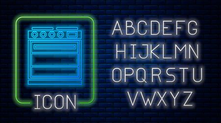 Glowing neon Oven icon isolated on brick wall background. Stove gas oven sign. Neon light alphabet. Vector Illustrationのイラスト素材