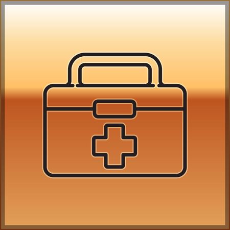 Black line First aid kit icon isolated on gold background. Medical box with cross. Medical equipment for emergency. Healthcare concept. Vector Illustrationのイラスト素材