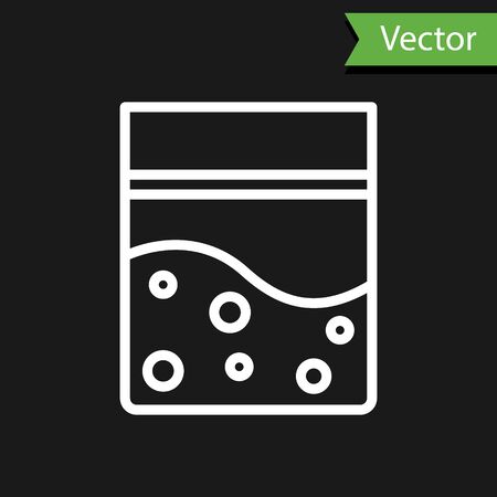 White line Plastic bag of medicinal cannabis icon isolated on black background. Health danger. Vector Illustrationのイラスト素材