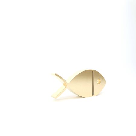 Gold Christian fish symbol icon isolated on white background. Jesus fish symbol. 3d illustration 3D renderの写真素材