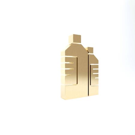 Gold Plastic bottles for laundry detergent, bleach, dishwashing liquid or another cleaning agent icon isolated on white background. 3d illustration 3D renderの写真素材