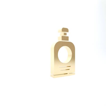 Gold Hand sanitizer bottle icon isolated on white background. Disinfection concept. Washing gel. Alcohol bottle for hygiene. 3d illustration 3D renderの写真素材