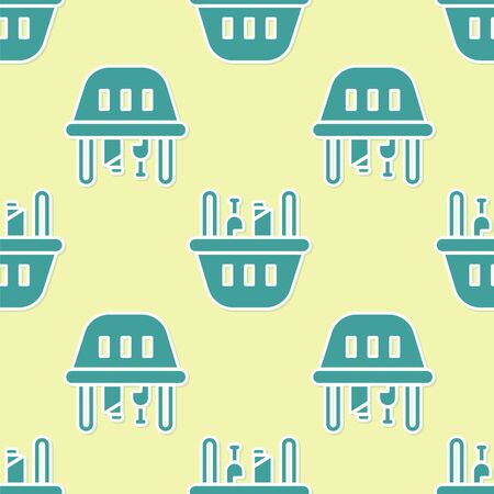 Green Shopping basket and food icon isolated seamless pattern on yellow background. Food store, supermarket. Vector Illustrationのイラスト素材