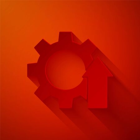 Paper cut Arrow growth gear business icon isolated on red background. Productivity icon. Paper art style. Vector Illustrationのイラスト素材