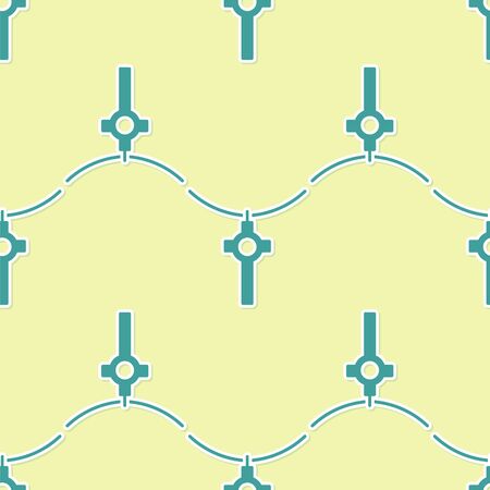 Green Christian cross on chain icon isolated seamless pattern on yellow background. Church cross. Vector Illustrationのイラスト素材