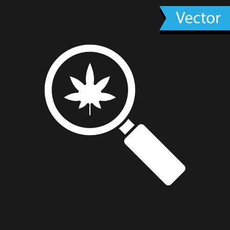 White Magnifying glass and medical marijuana or cannabis leaf icon isolated on black background. Hemp symbol. Vector Illustrationのイラスト素材