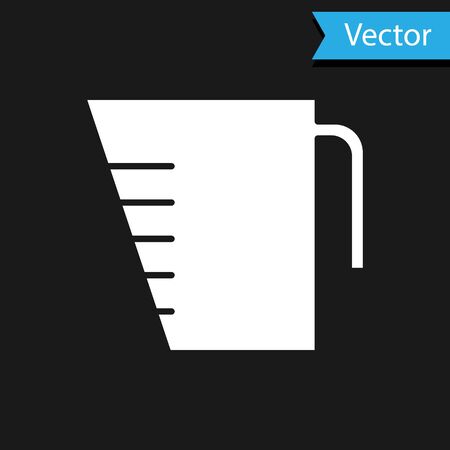 White Measuring cup to measure dry and liquid food icon isolated on black background. Plastic graduated beaker with handle.  Vector Illustrationのイラスト素材