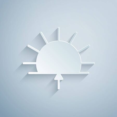 Paper cut Sunrise icon isolated on grey background. Paper art style. Vector Illustrationのイラスト素材