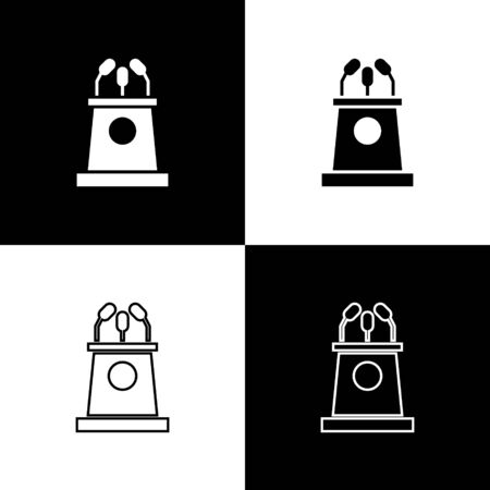 Set Stage stand or debate podium rostrum icon isolated on black and white background. Conference speech tribune. Vector Illustrationのイラスト素材