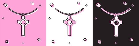 Set Christian cross on chain icon isolated on pink and white, black background. Church cross. Vector Illustrationのイラスト素材