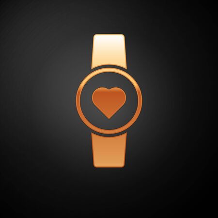 Gold Smart watch showing heart beat rate icon isolated on black background. Fitness App concept. Vector Illustrationのイラスト素材