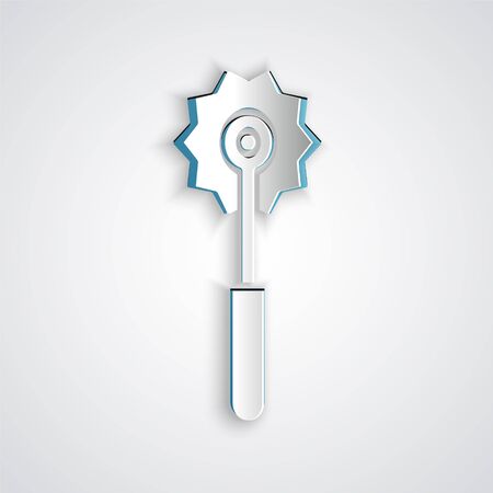 Paper cut Pizza knife icon isolated on grey background. Pizza cutter sign. Steel kitchenware equipment. Paper art style. Vector Illustrationのイラスト素材