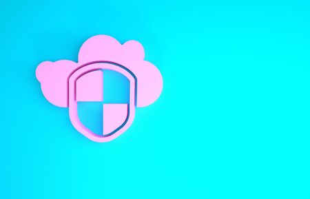 Pink Cloud and shield icon isolated on blue background. Cloud storage data protection. Security, safety, protection, privacy concept. Minimalism concept. 3d illustration 3D renderの写真素材