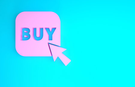 Pink Buy button icon isolated on blue background. Minimalism concept. 3d illustration 3D render