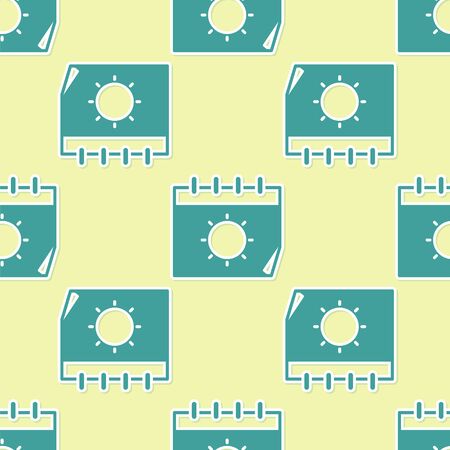 Green Calendar and sun icon isolated seamless pattern on yellow background. Event reminder symbol. Vector Illustrationのイラスト素材