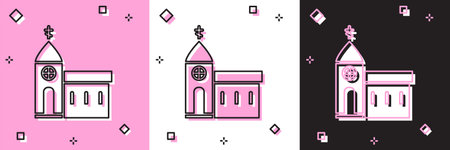 Set Church building icon isolated on pink and white, black background. Christian Church. Religion of church. Vector Illustrationのイラスト素材