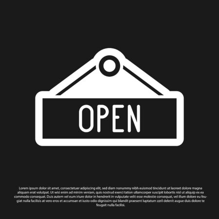Black Hanging sign with text Open door icon isolated on black background.  Vector Illustrationのイラスト素材