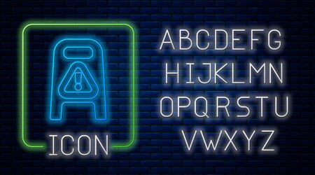 Glowing neon Wet floor and cleaning in progress icon isolated on brick wall background. Cleaning service concept. Neon light alphabet. Vector Illustrationのイラスト素材
