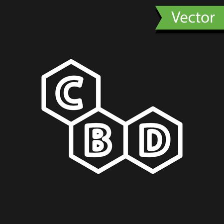 White line Cannabis molecule icon isolated on black background. Cannabidiol molecular structures, THC and CBD formula. Marijuana sign. Vector Illustrationのイラスト素材