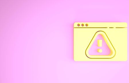 Yellow Browser with exclamation mark icon isolated on pink background. Alert message smartphone notification. Minimalism concept. 3d illustration 3D renderの写真素材