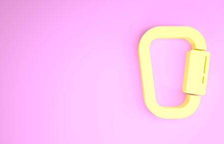 Yellow Carabiner icon isolated on pink background. Extreme sport. Sport equipment. Minimalism concept. 3d illustration 3D renderの写真素材
