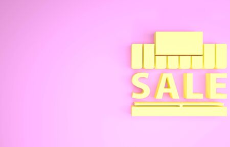 Yellow Shopping building or market store icon isolated on pink background. Supermarket sale concept. Minimalism concept. 3d illustration 3D renderの写真素材