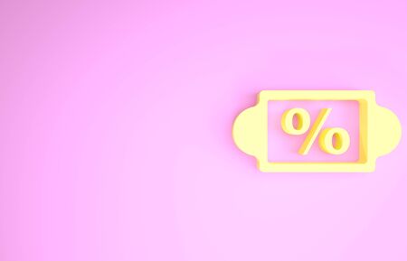 Yellow Discount percent tag icon isolated on pink background. Shopping tag sign. Special offer sign. Discount coupons symbol. Minimalism concept. 3d illustration 3D renderの写真素材