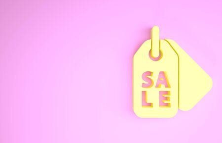 Yellow Price tag with an inscription Sale icon isolated on pink background. Badge for price. Promo tag discount. Minimalism concept. 3d illustration 3D renderの写真素材