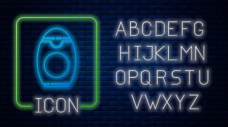 Glowing neon Bottle of shampoo icon isolated on brick wall background. Neon light alphabet. Vector Illustrationのイラスト素材