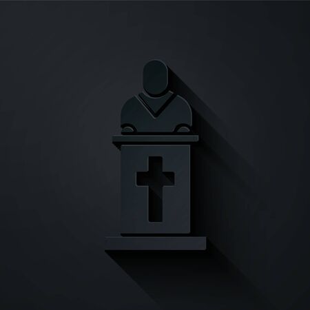 Paper cut Church pastor preaching icon isolated on black background. Paper art style. Vector Illustrationのイラスト素材