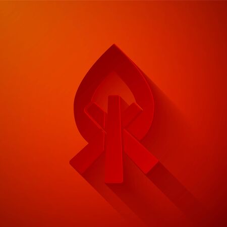 Paper cut Campfire icon isolated on red background. Burning bonfire with wood. Paper art style. Vector Illustrationのイラスト素材