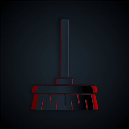 Paper cut Handle broom icon isolated on black background. Cleaning service concept. Paper art style. Vector Illustrationのイラスト素材
