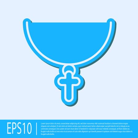 Blue line Christian cross on chain icon isolated on grey background. Church cross. Vector Illustrationのイラスト素材