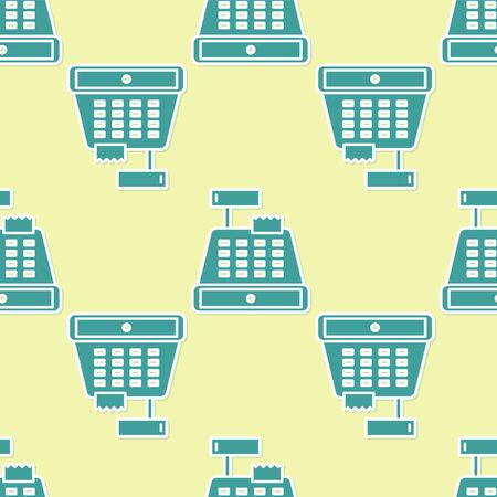 Green Cash register machine with a check icon isolated seamless pattern on yellow background. Cashier sign. Cashbox symbol. Vector Illustrationのイラスト素材