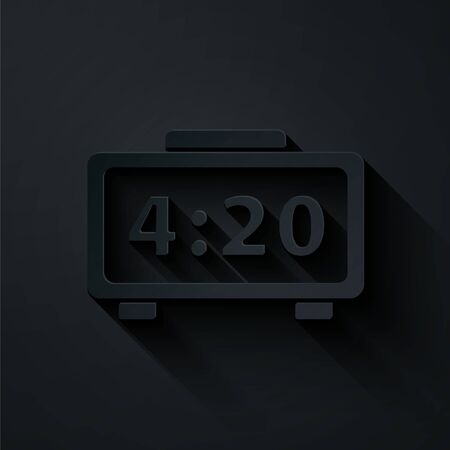 Paper cut Digital alarm clock icon isolated on black background. Electronic watch alarm clock. Time icon. Paper art style. Vector Illustrationのイラスト素材