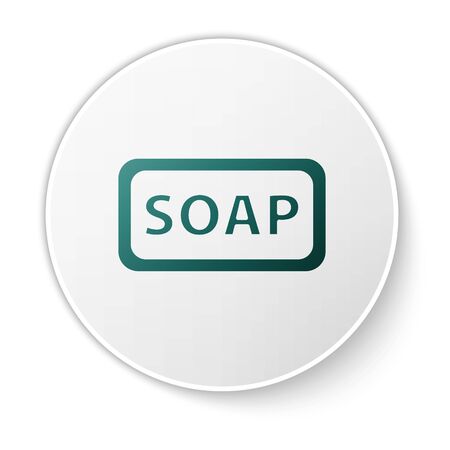 Green Bar of soap icon isolated on white background. Soap bar with bubbles. White circle button. Vector Illustrationのイラスト素材