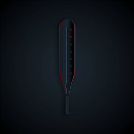Paper cut Medical thermometer for medical examination icon isolated on black background. Paper art style. Vector Illustrationのイラスト素材